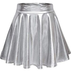 Women's Casual Shiny Metallic Flared Pleated Short A-Line Silver Mini Skirt NWOT